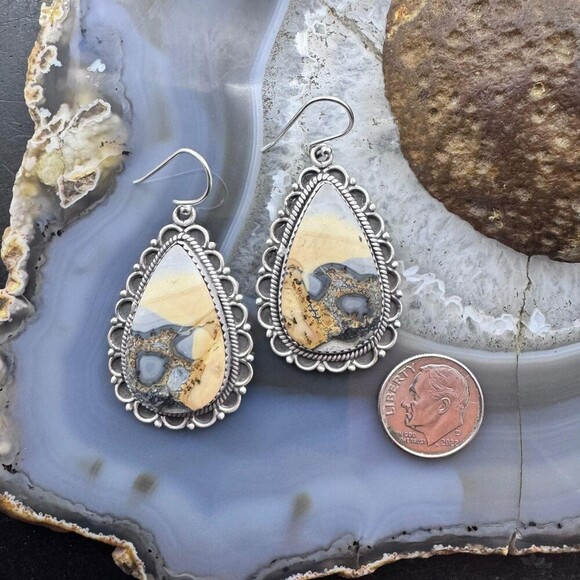 Sterling Silver Southwestern Style Teardrop Maligano Jasper Dangle Earrings - Picture 8 of 10